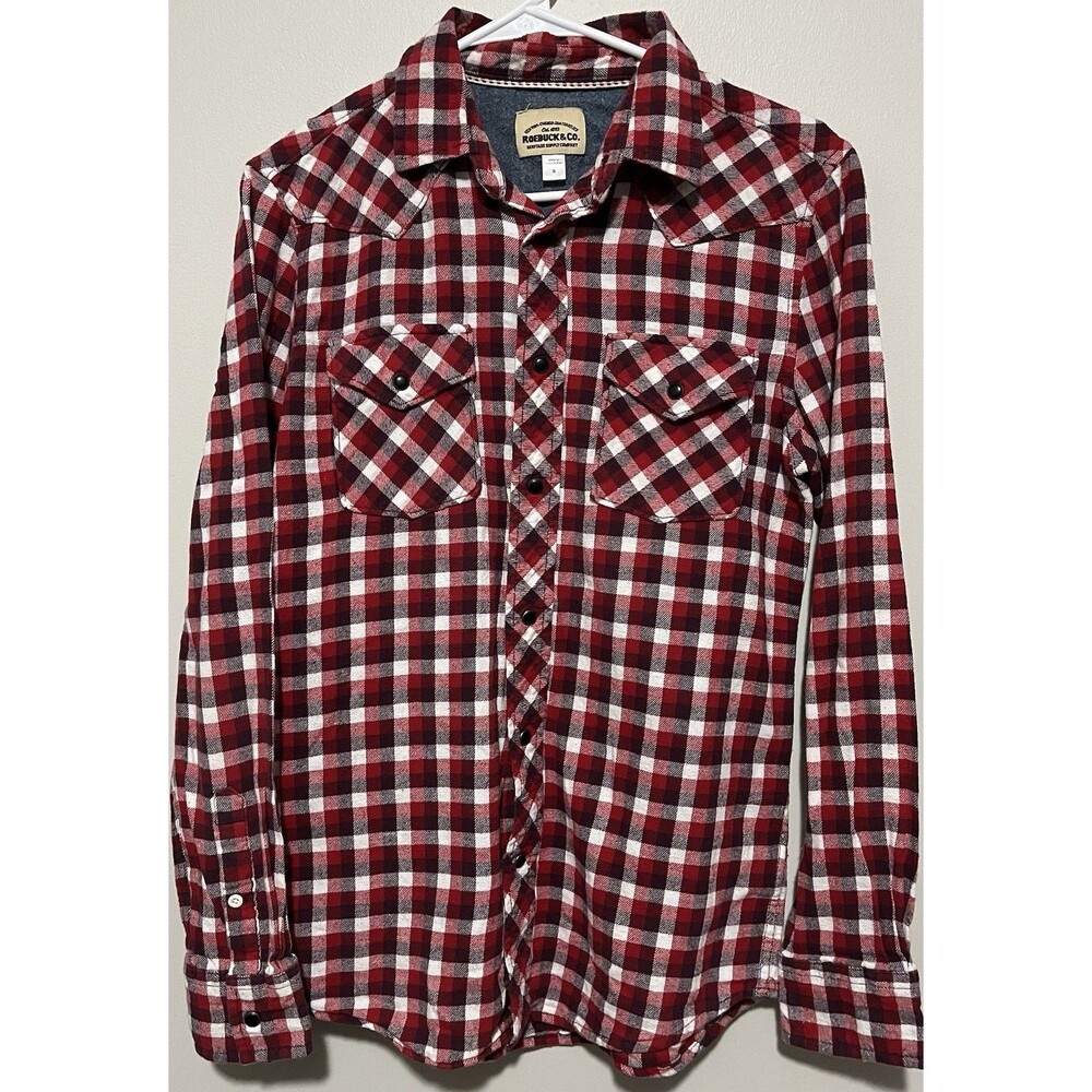 Vtg Roebuck & Co Men S Flannel Shirt Red Plaid Long Sleeve 100% Cotton Grunge